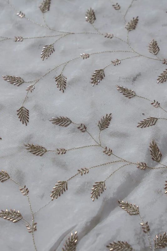 Gold Zari With Beads Leafy Embroidery Work On White Dyeable Chinnon Chiffon Fabric