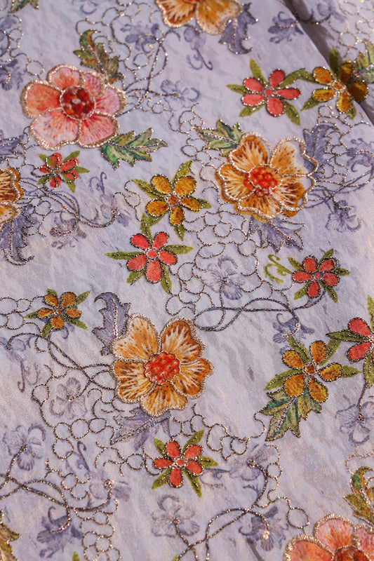 Floral Position Prints On Sequins With Zari Embroidery On Lilac Viscose Zari Tissue Fabrics