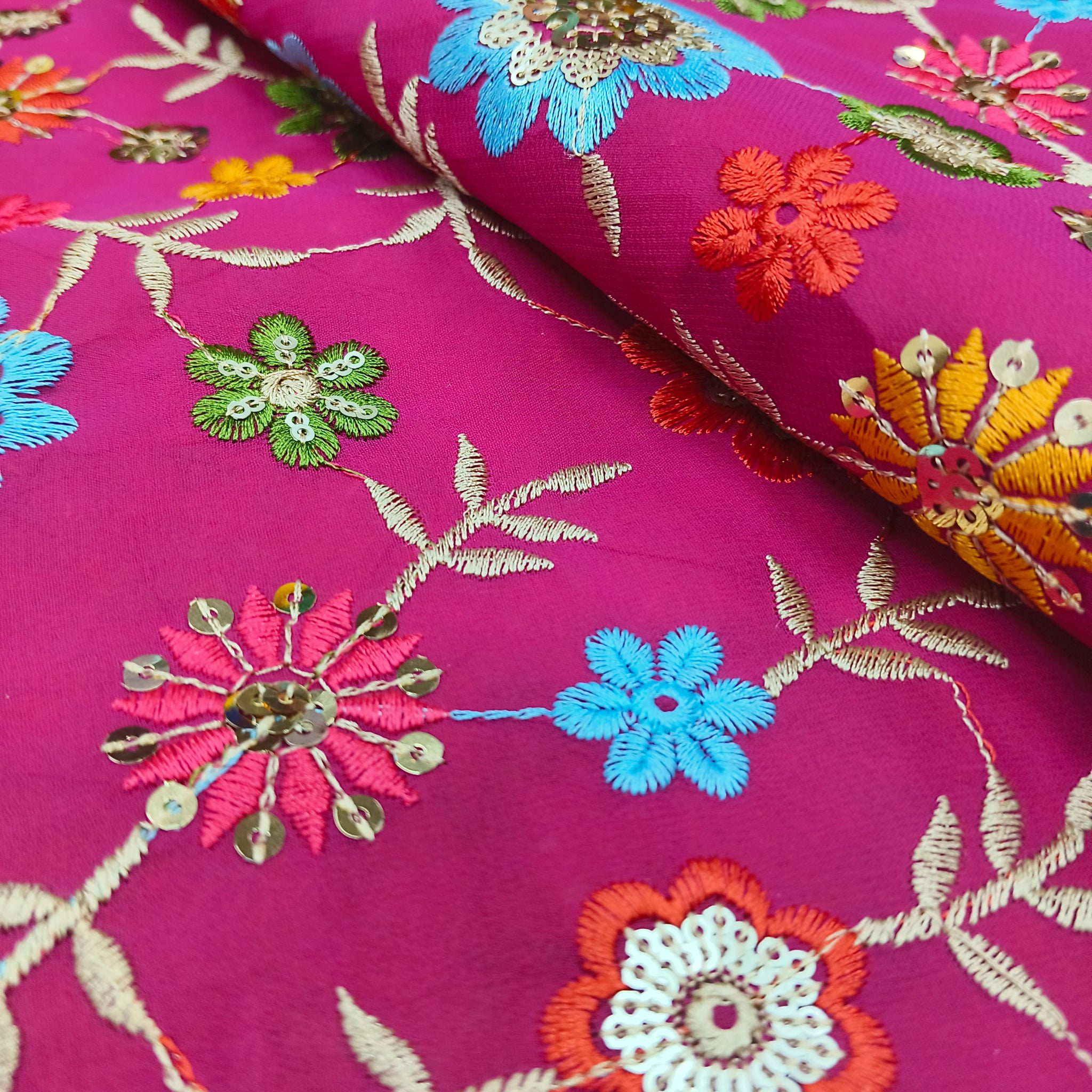 Floral Thread All Over Work On Georgette Fabric