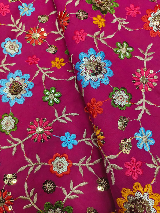 Floral Thread All Over Work On Georgette Fabric