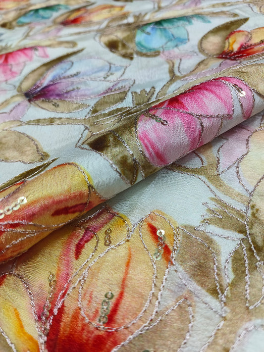 Floral AllOver Position Work On Chinnon Fabric