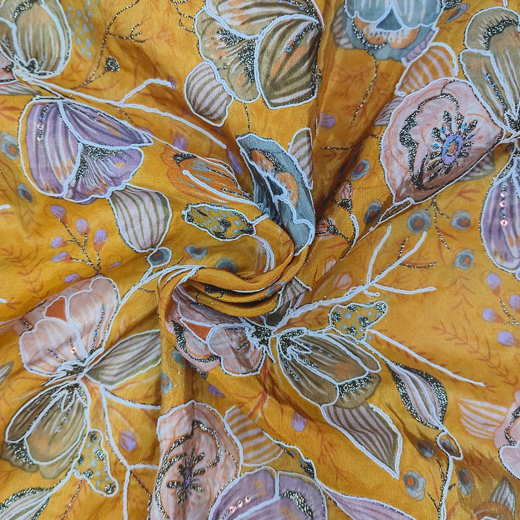 Floral Position Print On Zari Embroidery Viscose Zari Tissue Fabric