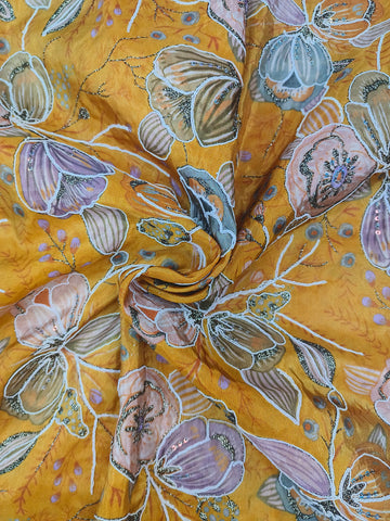 Floral Position Print On Zari Embroidery Viscose Zari Tissue Fabric