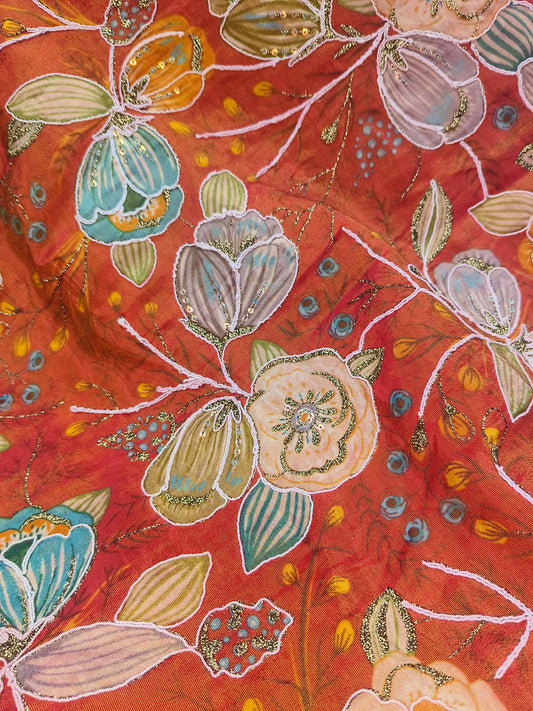 Floral Position Print On Zari Embroidery  Viscose Zari Tissue Fabric fabric