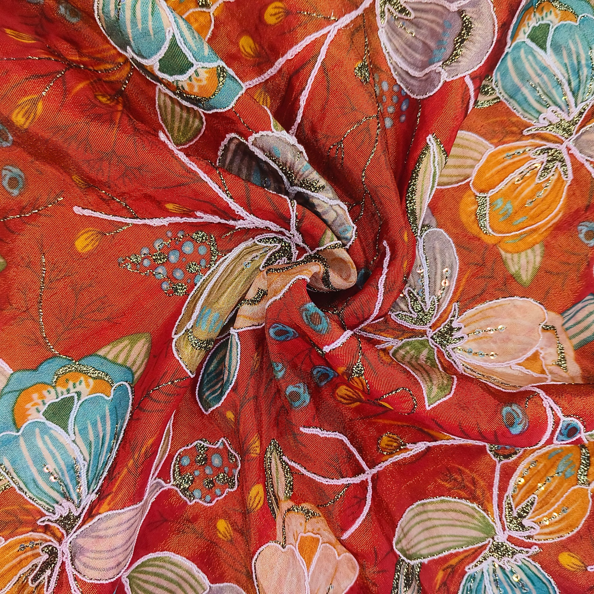 Floral Position Print On Zari Embroidery  Viscose Zari Tissue Fabric fabric