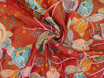 Floral Position Print On Zari Embroidery  Viscose Zari Tissue Fabric fabric